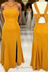 Cross Straps Mustard Yellow Chiffon Long Bridesmaid Dresses with Slit